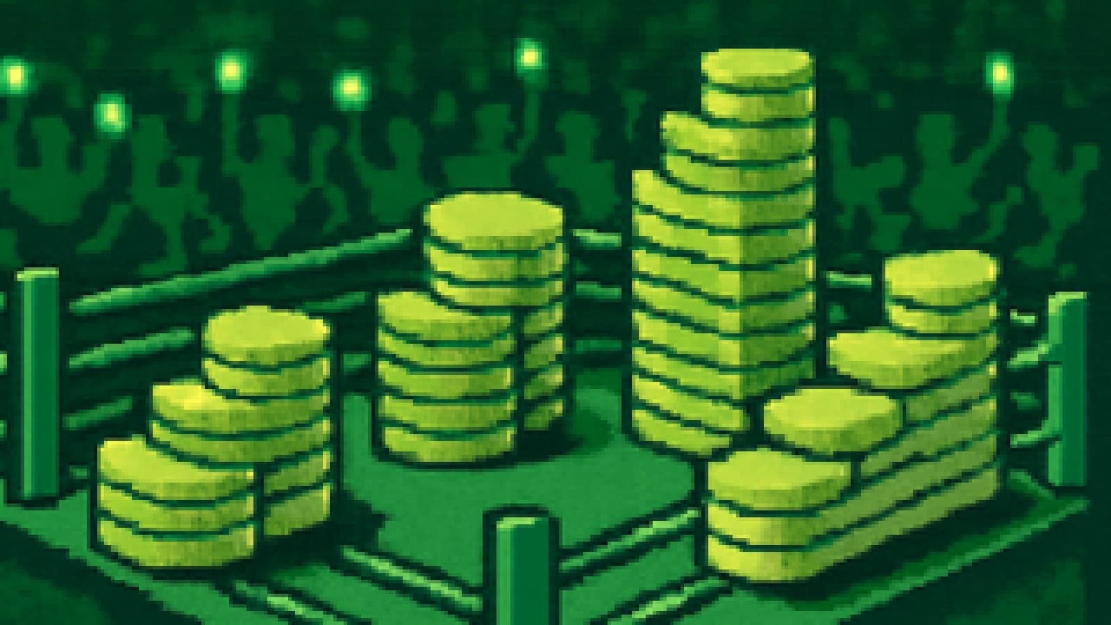 Pixel-art boxing ring with five coin staircases of different shapes facing off before a cheering crowd