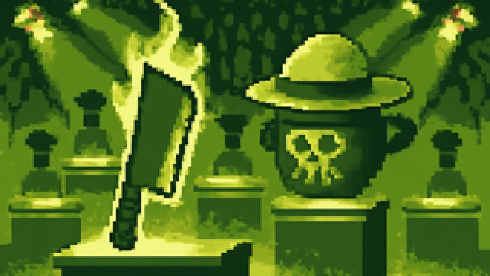 Pixel-art cook-off arena with five chef stations, a flaming blade-shaped cleaver at the front and a straw-hatted stockpot just behind.