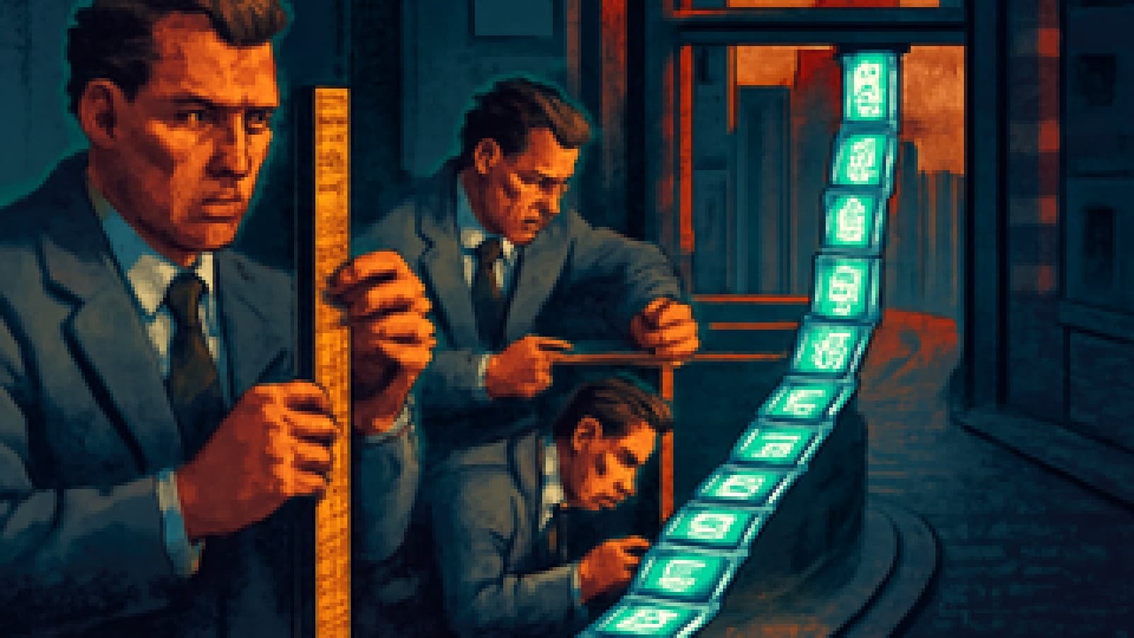 Pixel-art clerks measuring a never-ending scroll of phone screens in a government office