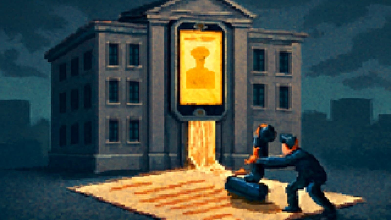 Pixel-art ministry building with a giant phone on the front spilling an endless video feed while an official stamps a verdict
