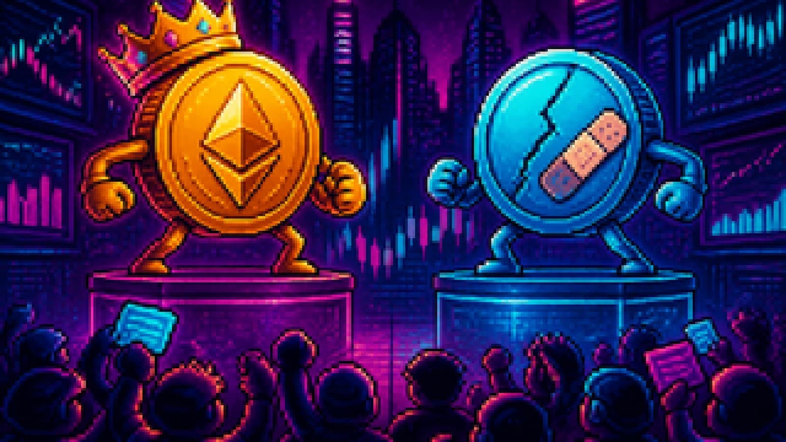 Two stablecoin-style coins on a podium, one crowned, one cracked, with a crowd of traders cheering