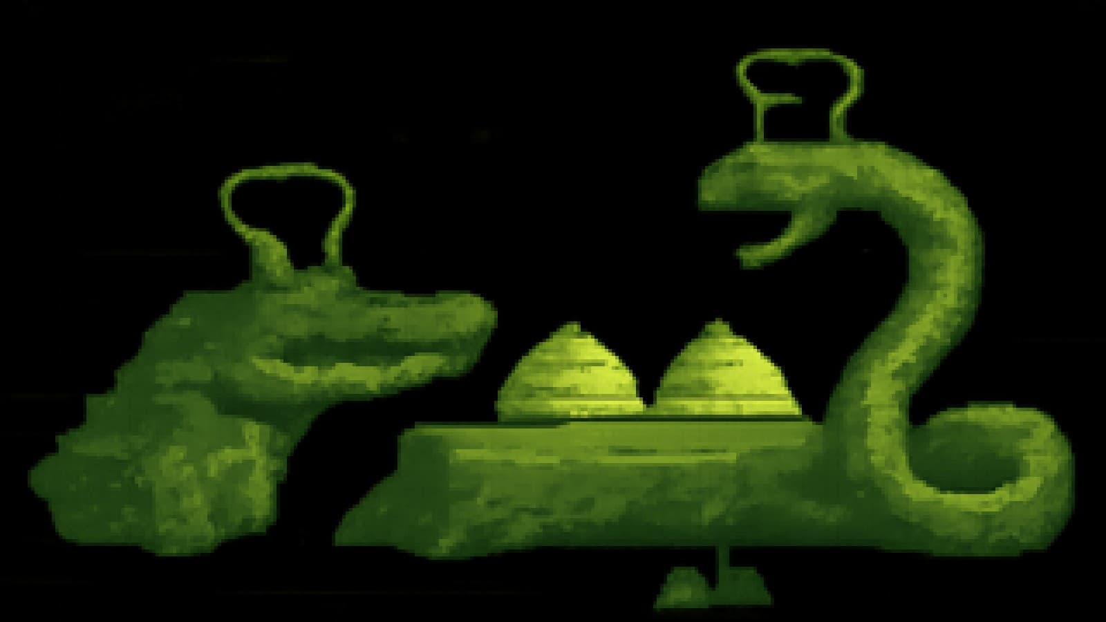 Pixel-art alligator and anaconda in chef hats facing each other across a swamp, with a judging table between them.