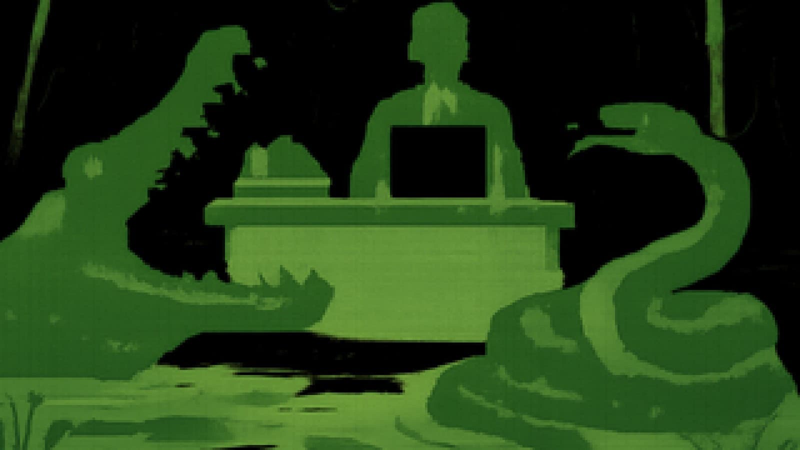 Pixel-art alligator and green anaconda facing off in a swamp set up like a cooking competition stage.