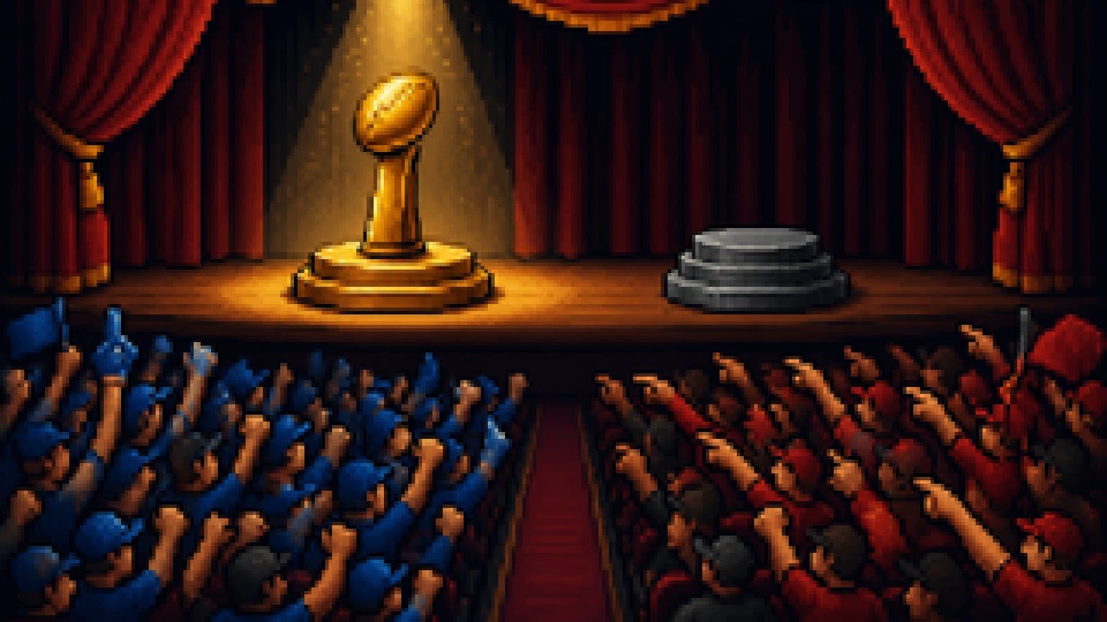 A golden trophy on a spotlit stage while a split audience argues over who should have won it