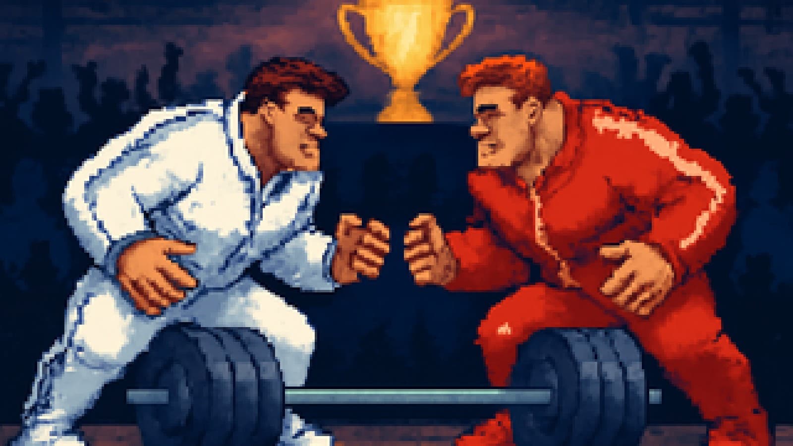 Two rival gym athletes in white and red face off over a barbell in front of a cheering crowd