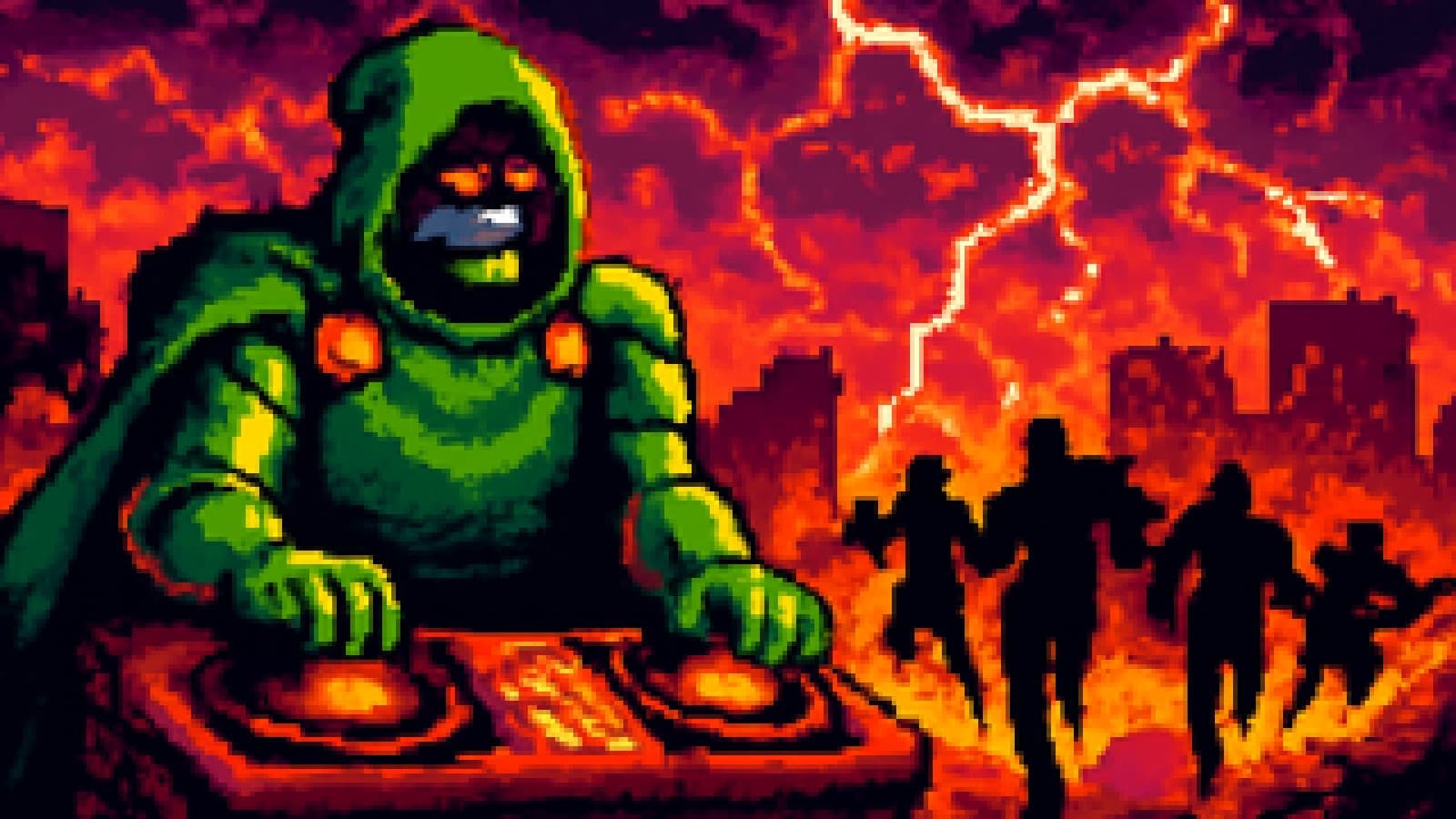 Pixel art of an armored villain in a green cloak at a DJ booth on a rooftop as silhouetted heroes rush toward him under a stormy sky.
