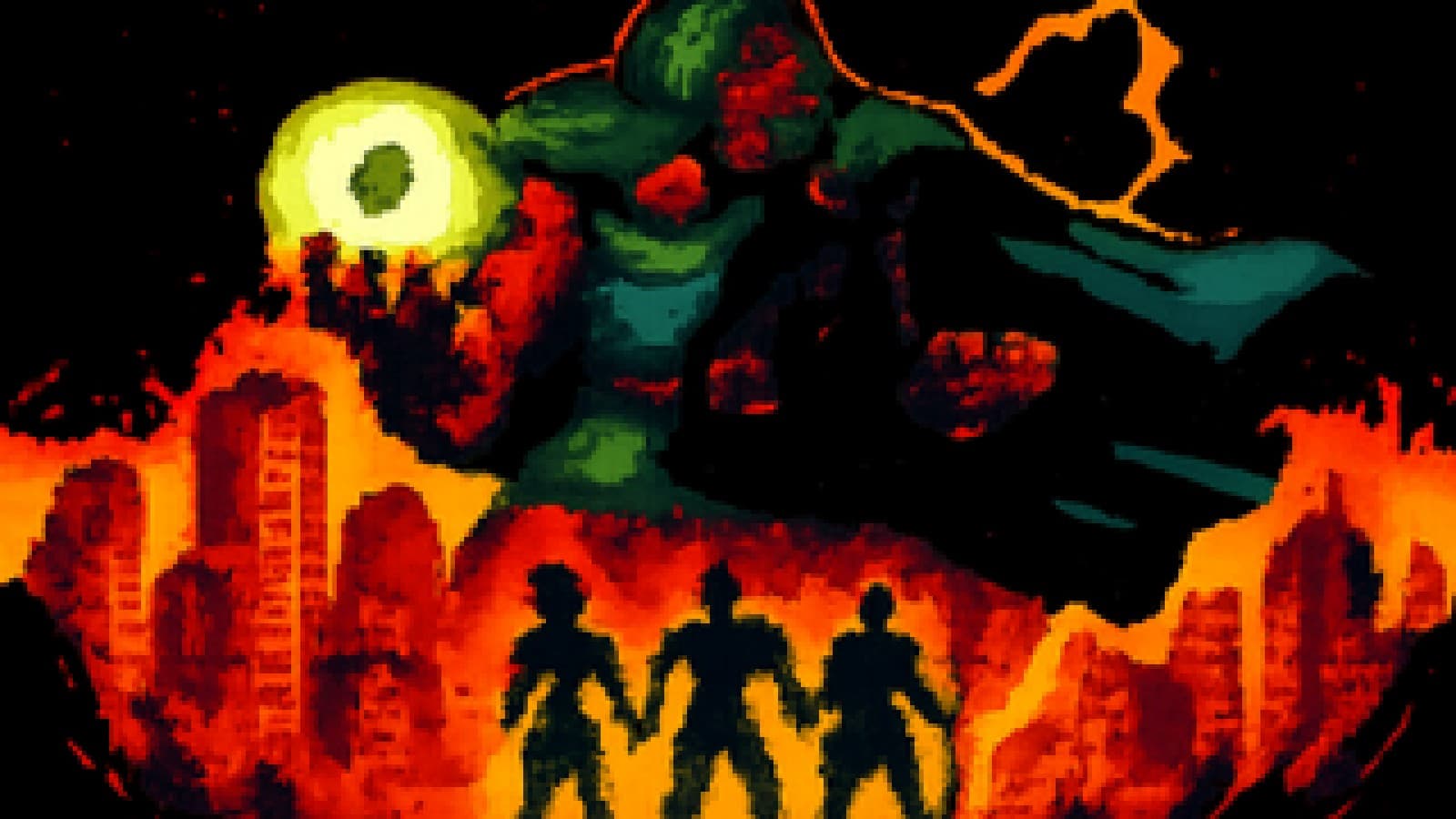 Pixel art of a green-cloaked armored villain looming over a ruined night skyline as silhouetted heroes stand below.