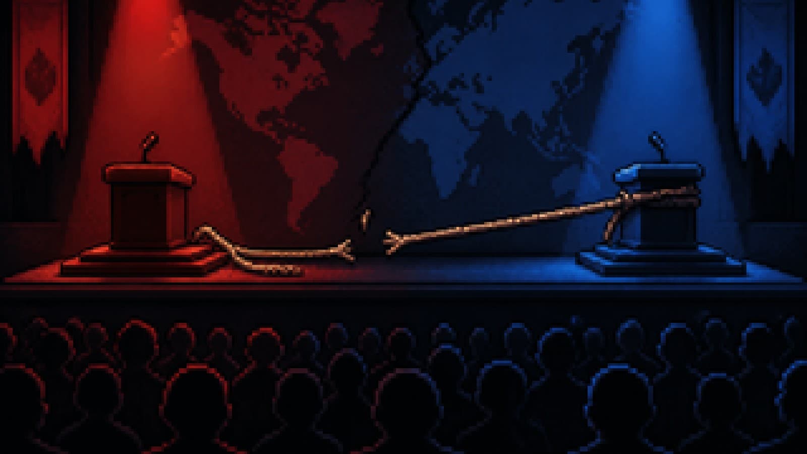Two empty podiums with a tug-of-war rope pulled towards one side, watched by a silhouetted crowd