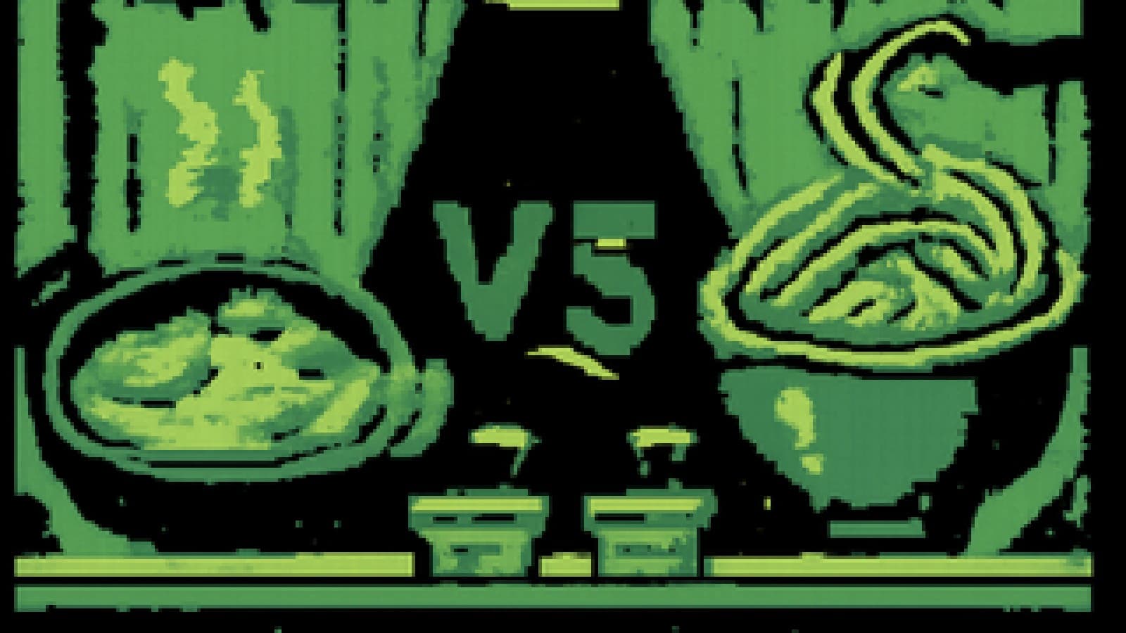 Pixel-art cook-off stage with a paella pan and a pasta bowl facing each other under a spotlight