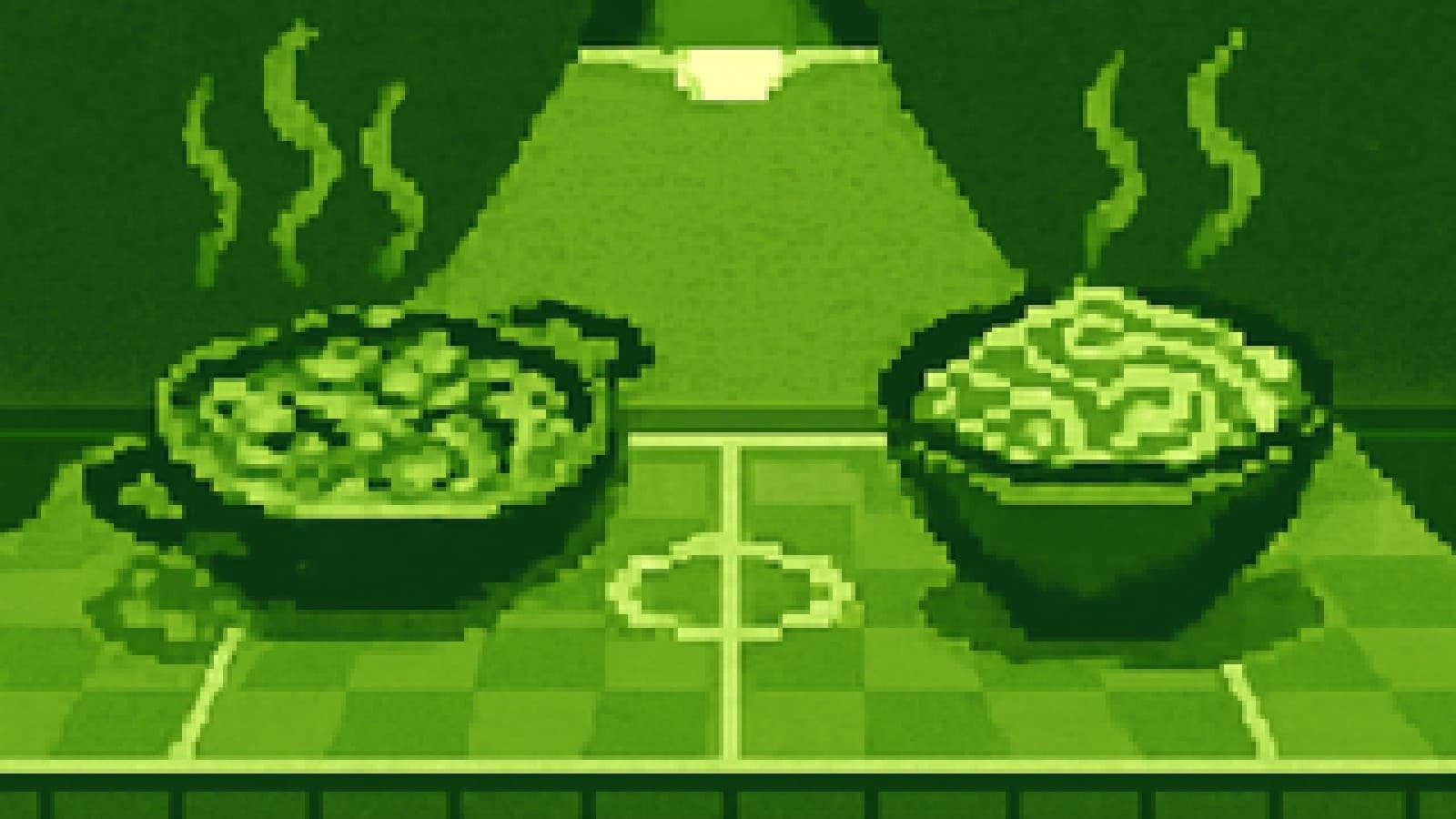 Pixel-art showdown between a paella pan and a pasta bowl on a football-pitch kitchen counter