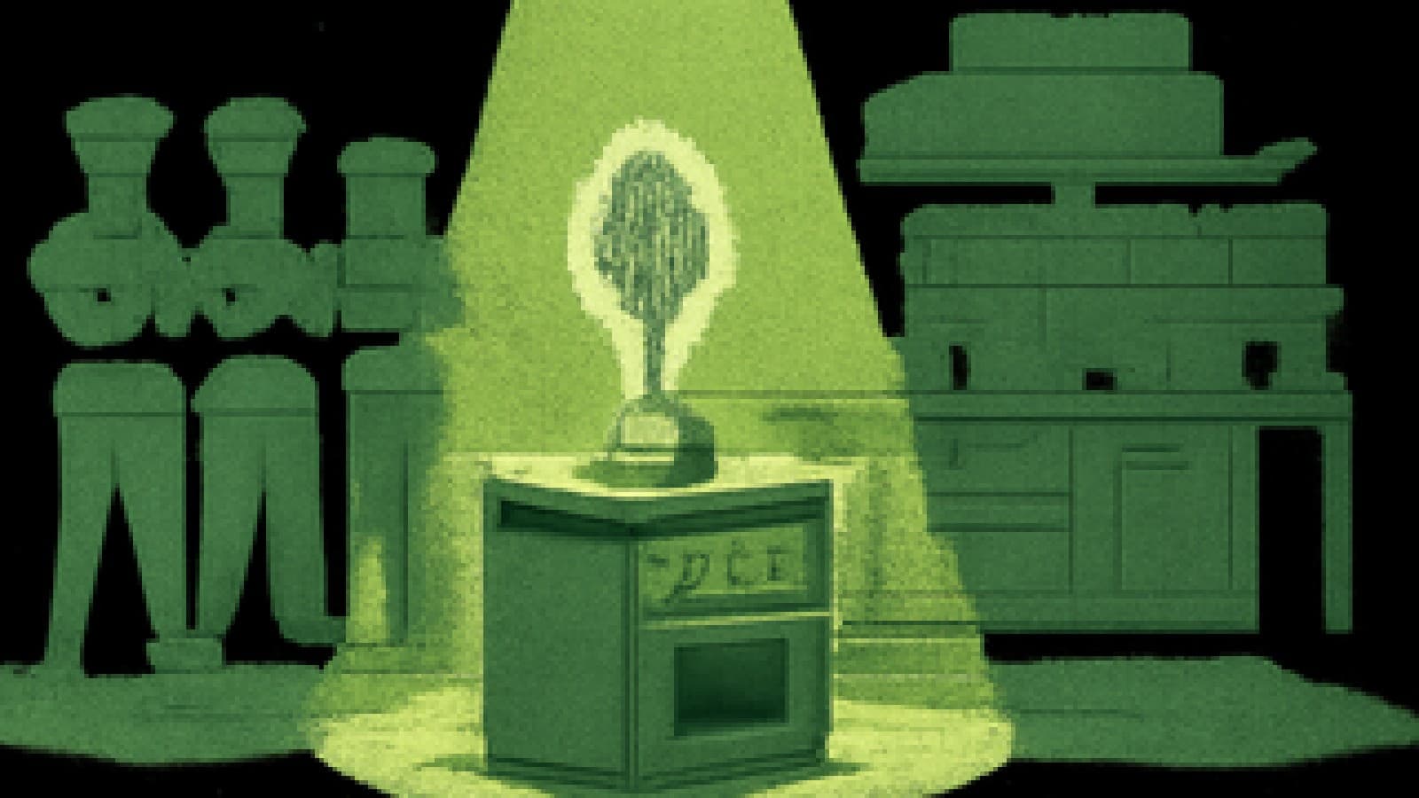 Pixel-art cooking show stage where a small spotlit station holds a golden whisk trophy in front of a giant industrial kitchen.