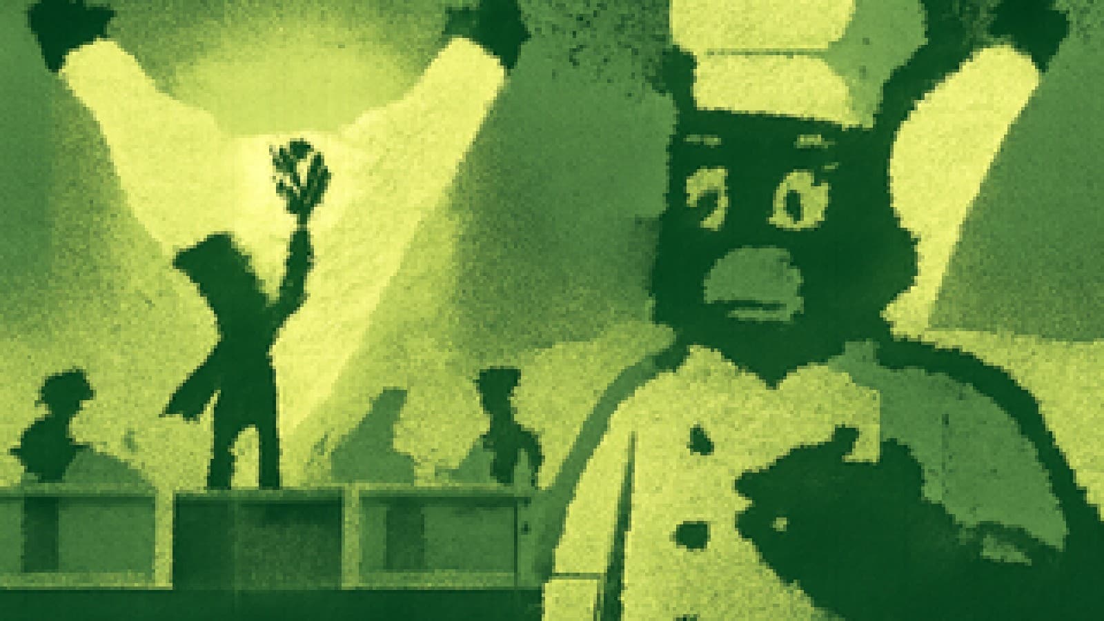 Pixel-art cooking show finale with four chef stations, one small station lit in gold holding a whisk trophy beside a towering rival kitchen.