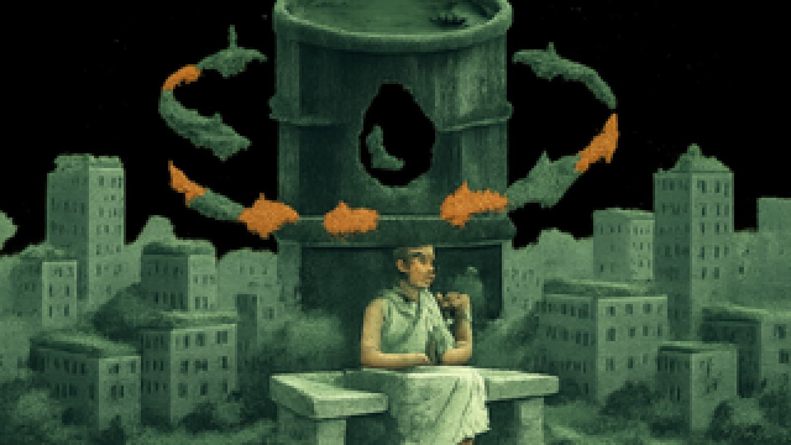 Pixel art of a calm toga-clad figure drinking tea beneath a giant looming oil barrel.