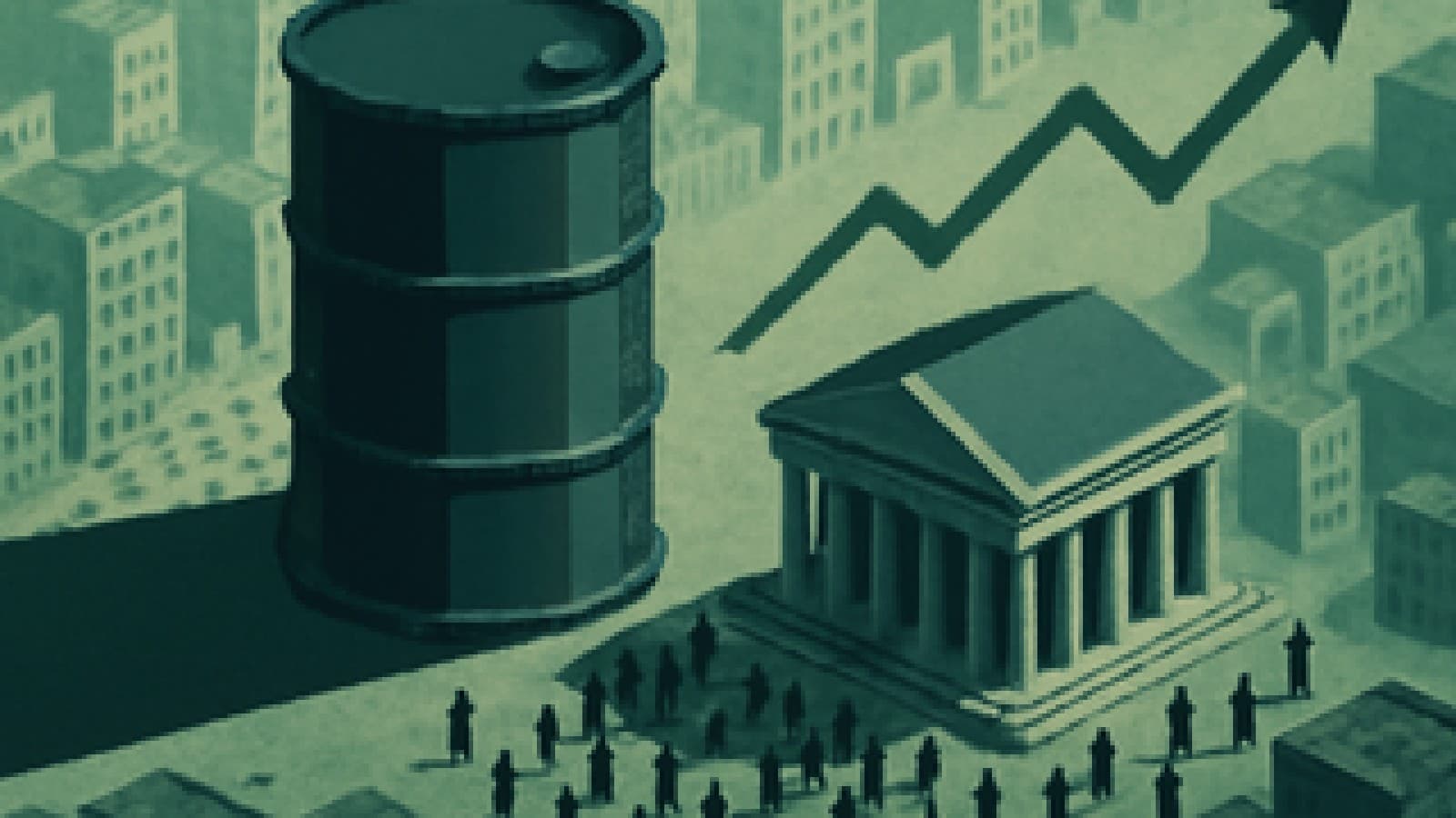 Pixel art of a huge oil barrel looming over a classical forum where small figures debate under a steady growth line.