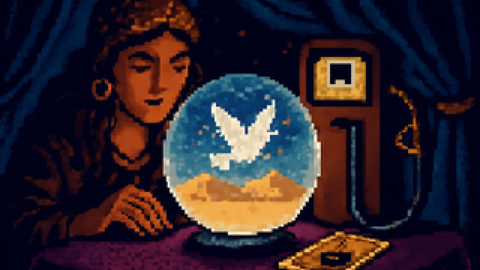Pixel-art crystal ball showing a dove over a desert next to a dripping petrol pump on a fortune teller's table