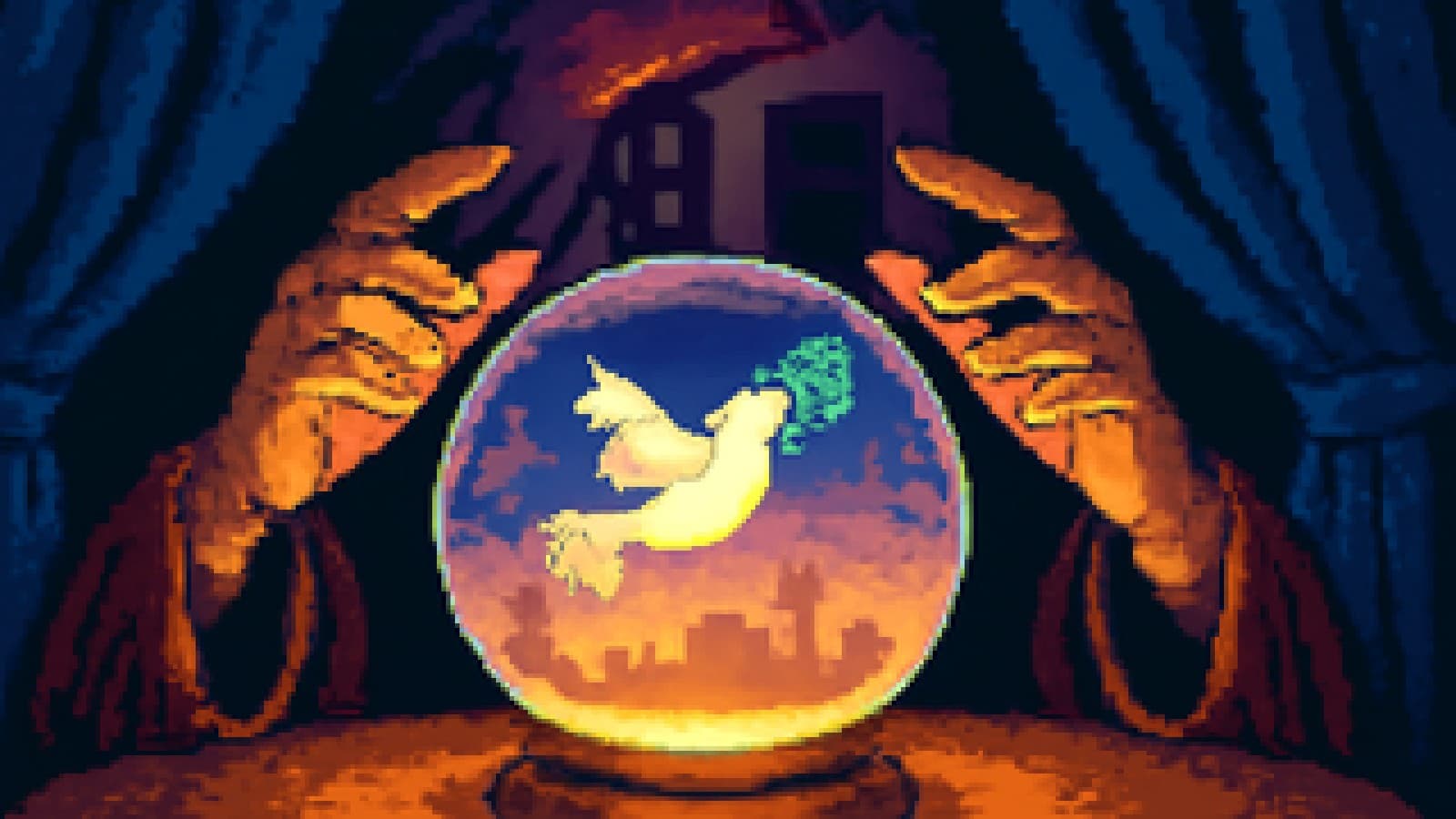 Pixel-art crystal ball showing a dove over a desert, with oil barrels and a petrol pump in the smoke around it