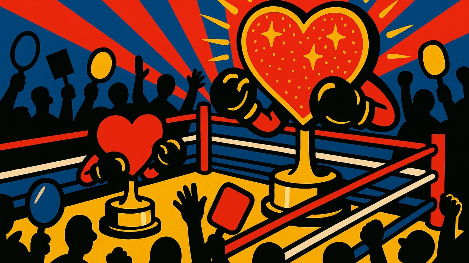 Two heart-shaped trophies square off in a boxing ring as a crowd of silhouettes cheers them on