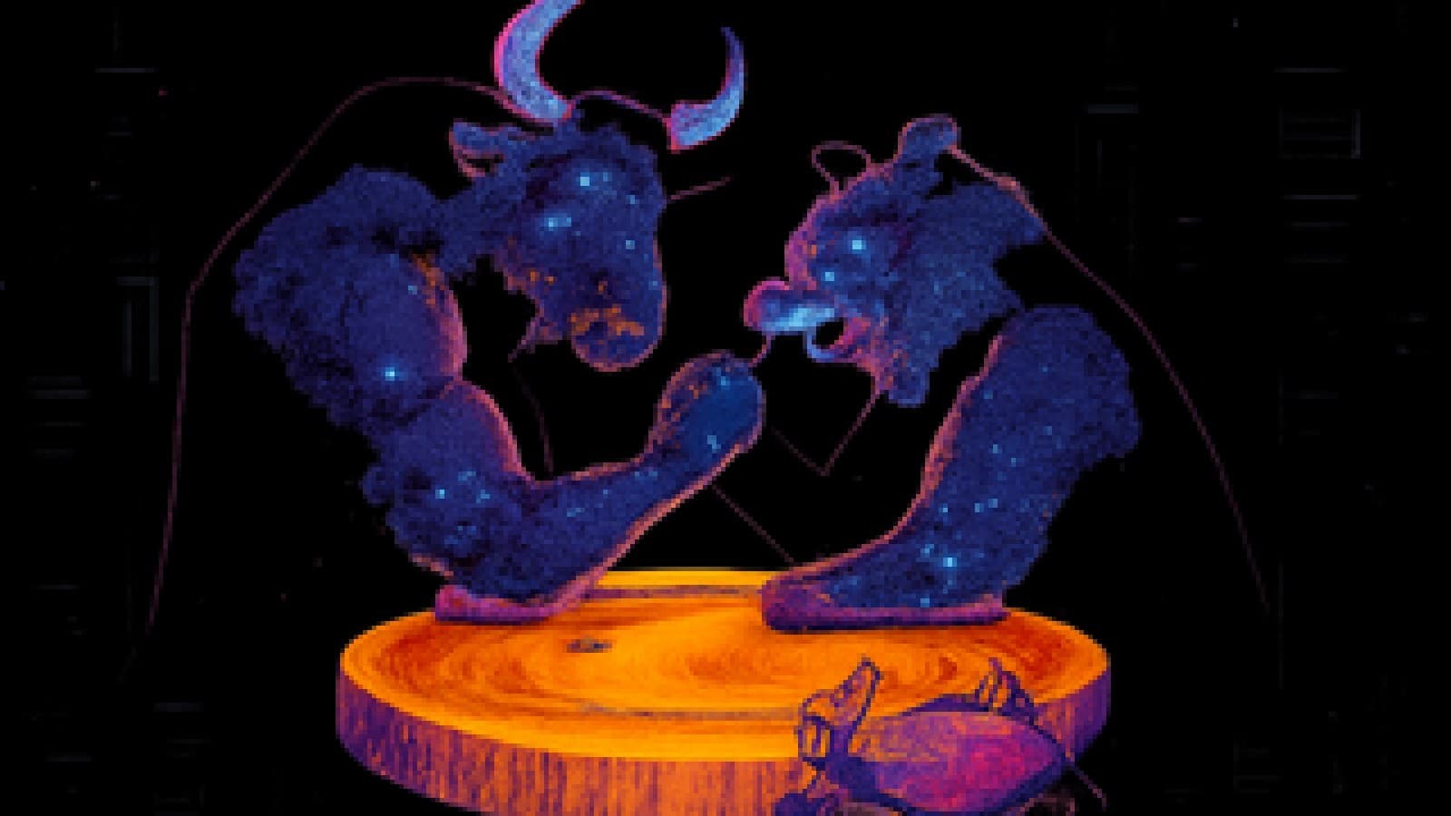 Pixel-art bull and bear arm-wrestling on a giant orange coin while a crab sleeps nearby
