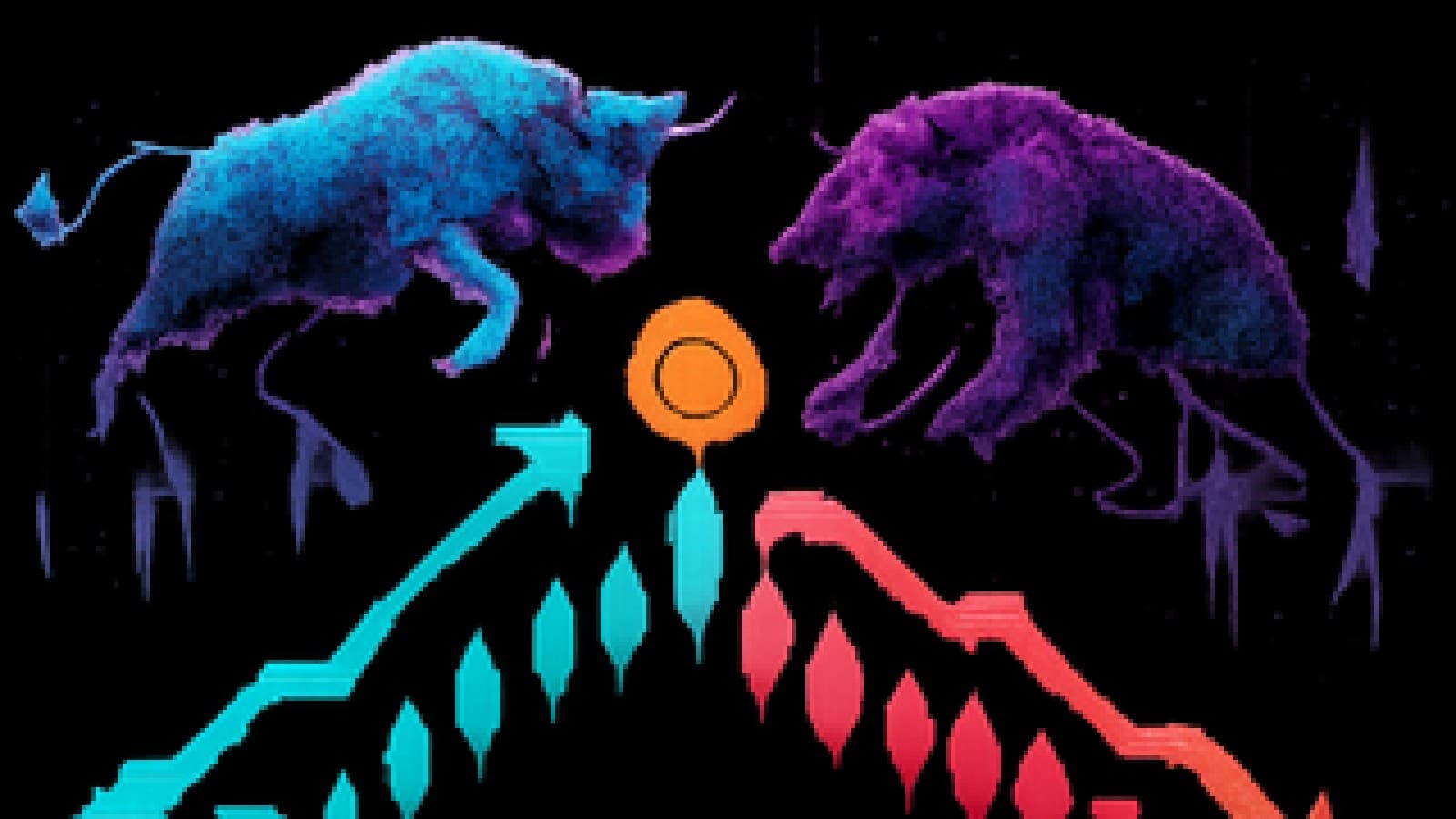 Pixel-art bull and bear facing off over a split green and red candlestick chart with a glowing orange coin