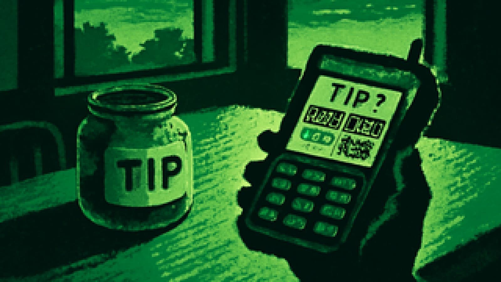 A card reader with a tip prompt beside a tip jar on a restaurant table