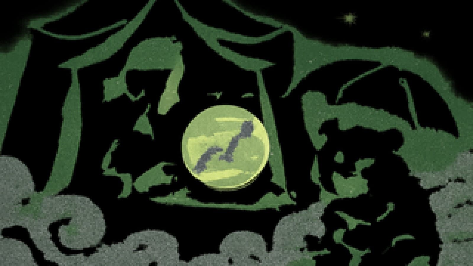 Pixel-art crystal ball glowing with an upward arrow while a bear sulks in the fog outside the tent