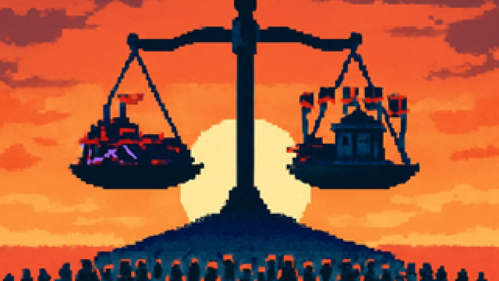 Pixel-art balance scale with factories and solar panels on one side and warships, a courthouse and flags on the other, tipping slightly toward the factories.