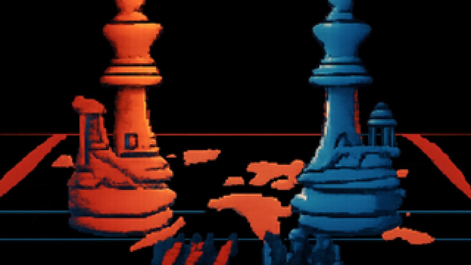 Two giant chess kings on a world map board, one covered in factories and solar panels and the other in warships and a courthouse, with a small crowd nudging the first one forward.
