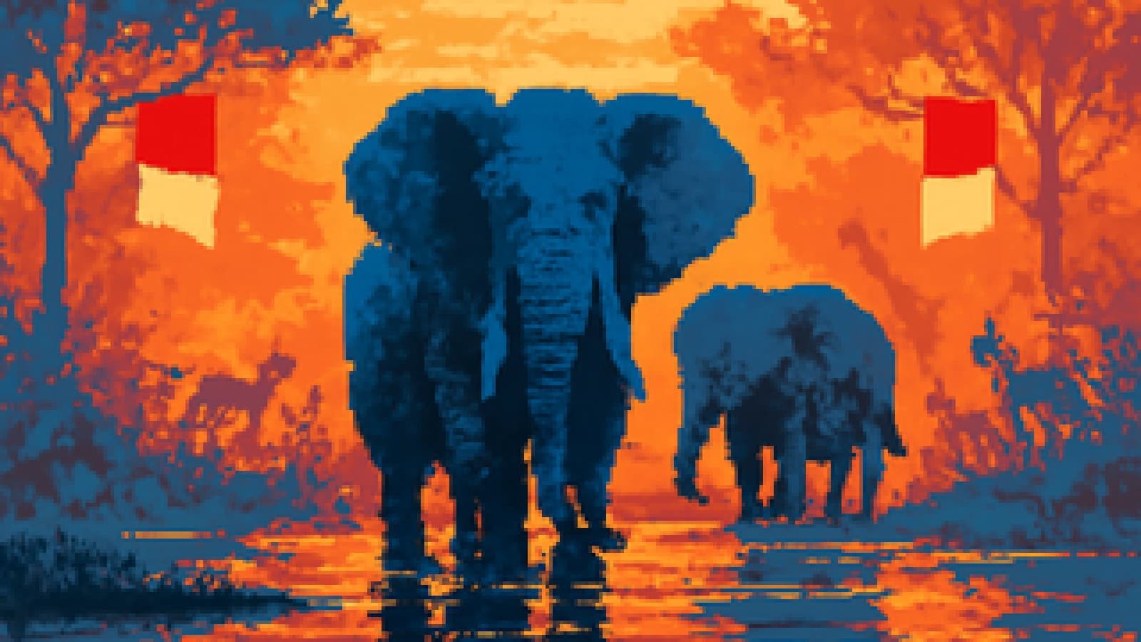 Illustration of a bull elephant leading at a misty waterhole as other animals watch, a metaphor for the crowd's choice of Indonesia's best president.