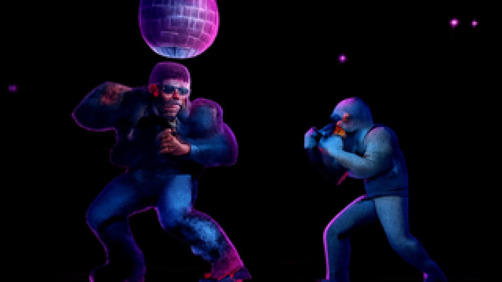 Pixel-art disco floor where a sunglasses-wearing action hero dances under a mirror ball while a boxer in a grey sweatsuit shadowboxes alone nearby.
