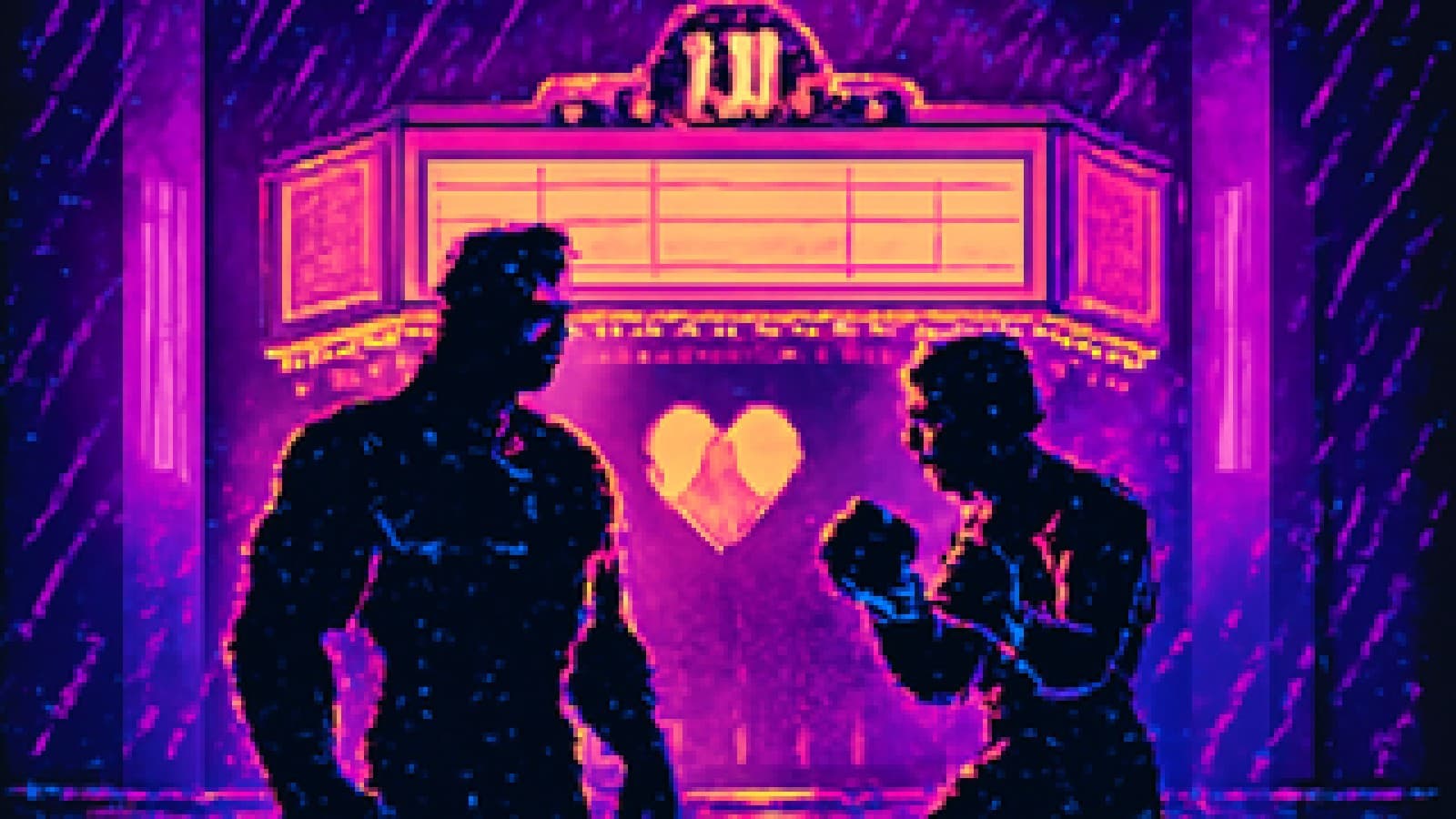 Pixel-art scene of two silhouetted action heroes, a sunglasses-wearing bodybuilder and a boxer with taped fists, facing off under a neon marquee with a split heart glowing between them.