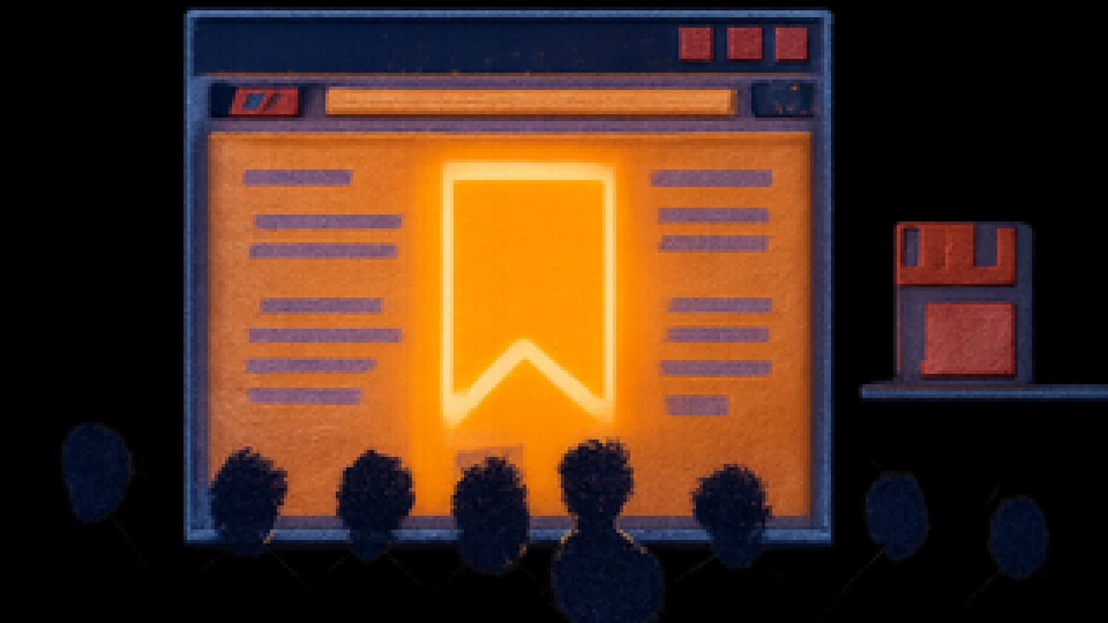 Pixel art of a crowd gathered round a glowing browser window while an old floppy disk gathers dust nearby.