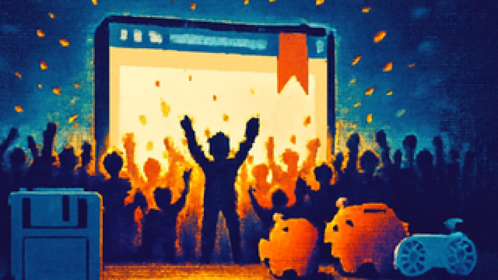Pixel art of people cheering a browser window as a floppy disk, piggy bank and game controller look on.