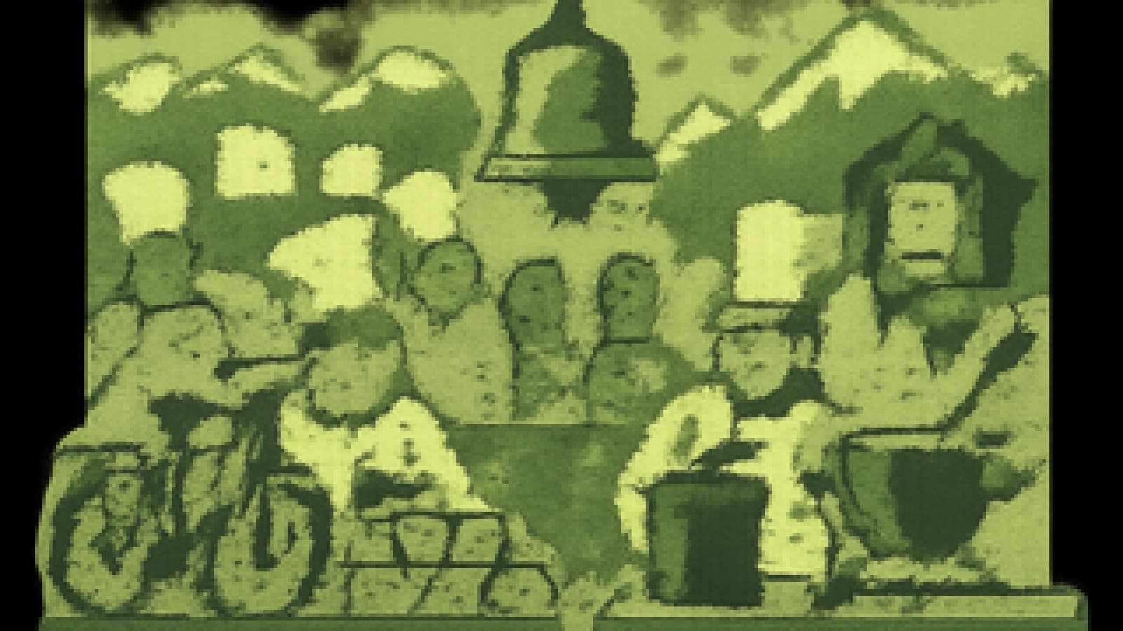 Pixel-art cooking showdown between a Danish pastry station and a Swiss fondue station, with a judge's bell between them