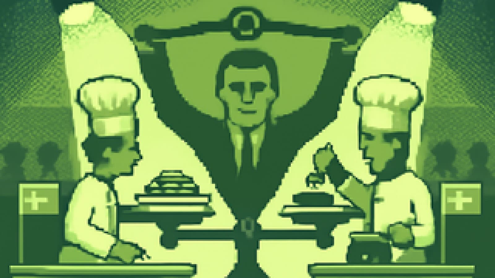 Pixel-art cook-off with Danish pastries and Swiss fondue perfectly balanced on a giant judge's scale
