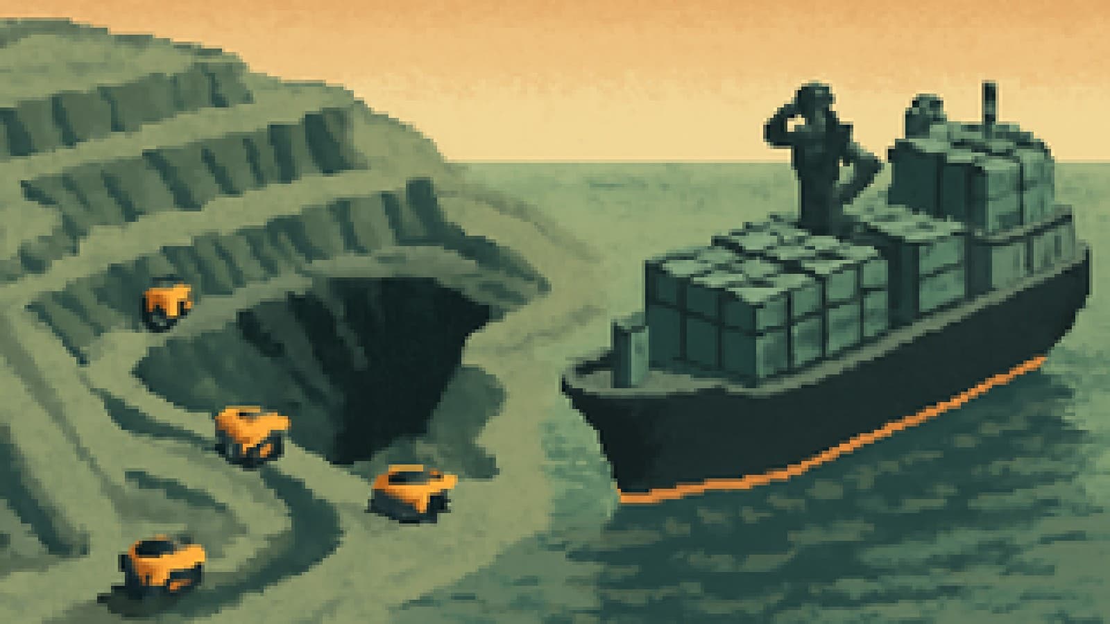 Pixel art of an open-pit mine beside a stationary container ship at sea.
