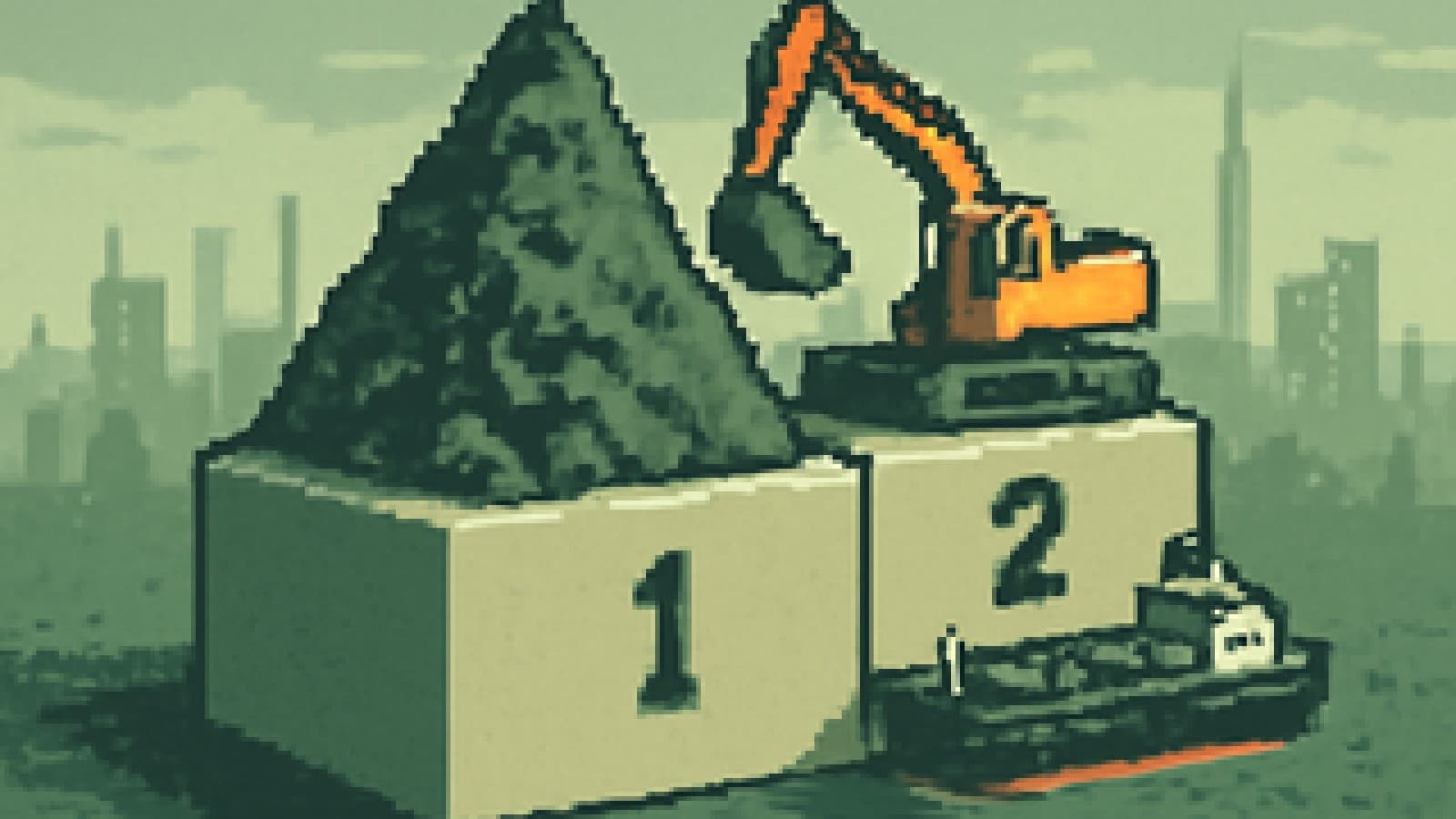 Pixel art of a mining excavator on a winner's podium above a smaller container ship in second place.