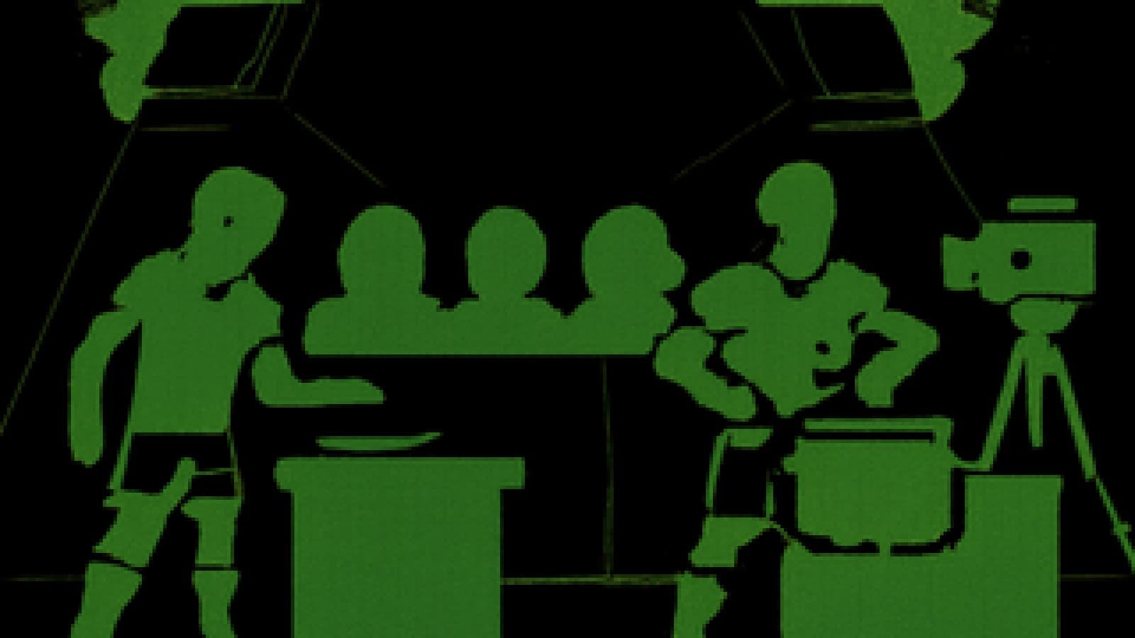 Pixel-art cooking show with two football-kit chefs at rival stoves facing a panel of judges.