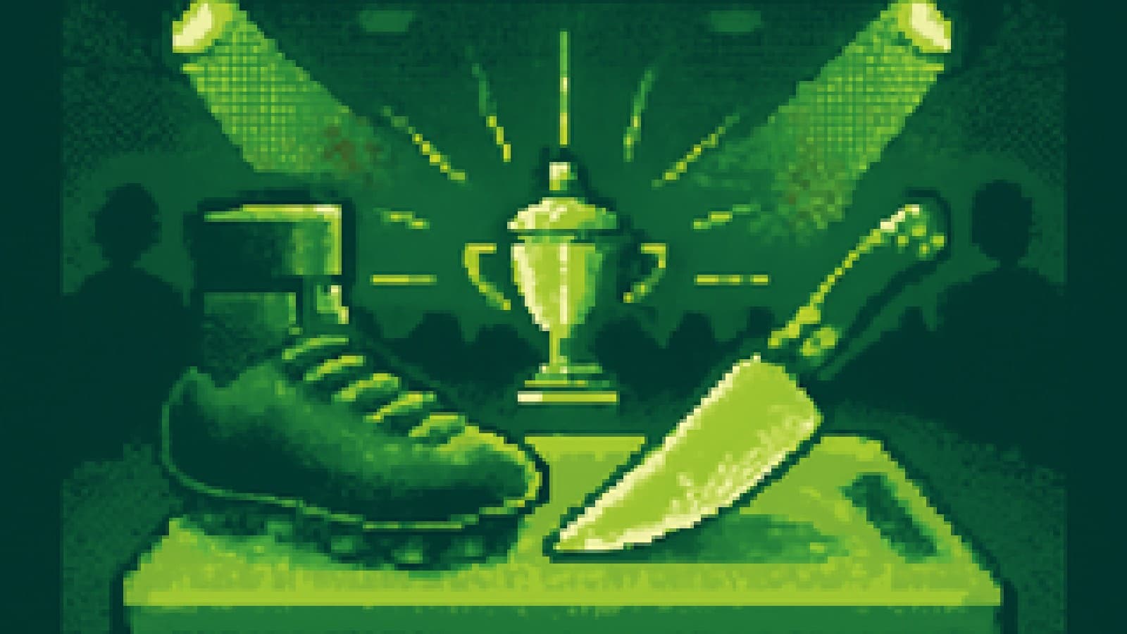 Pixel-art cooking stage with a football boot, a chef's knife and a glowing trophy-shaped cloche.
