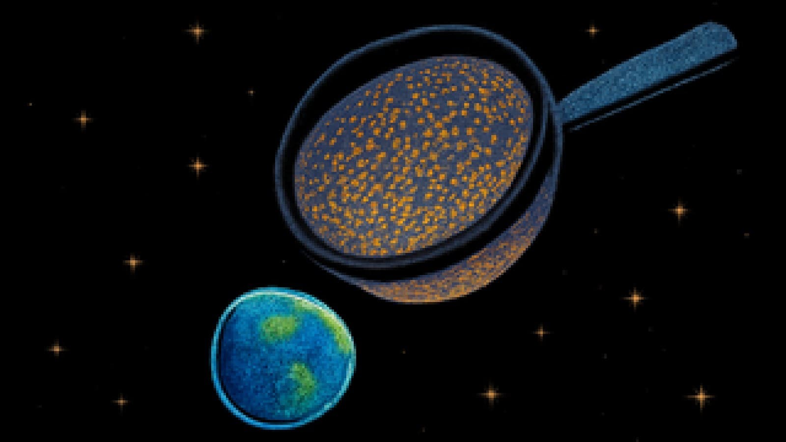 Illustration of a lone Earth in a dark galaxy with a huge glowing sieve floating among empty stars.