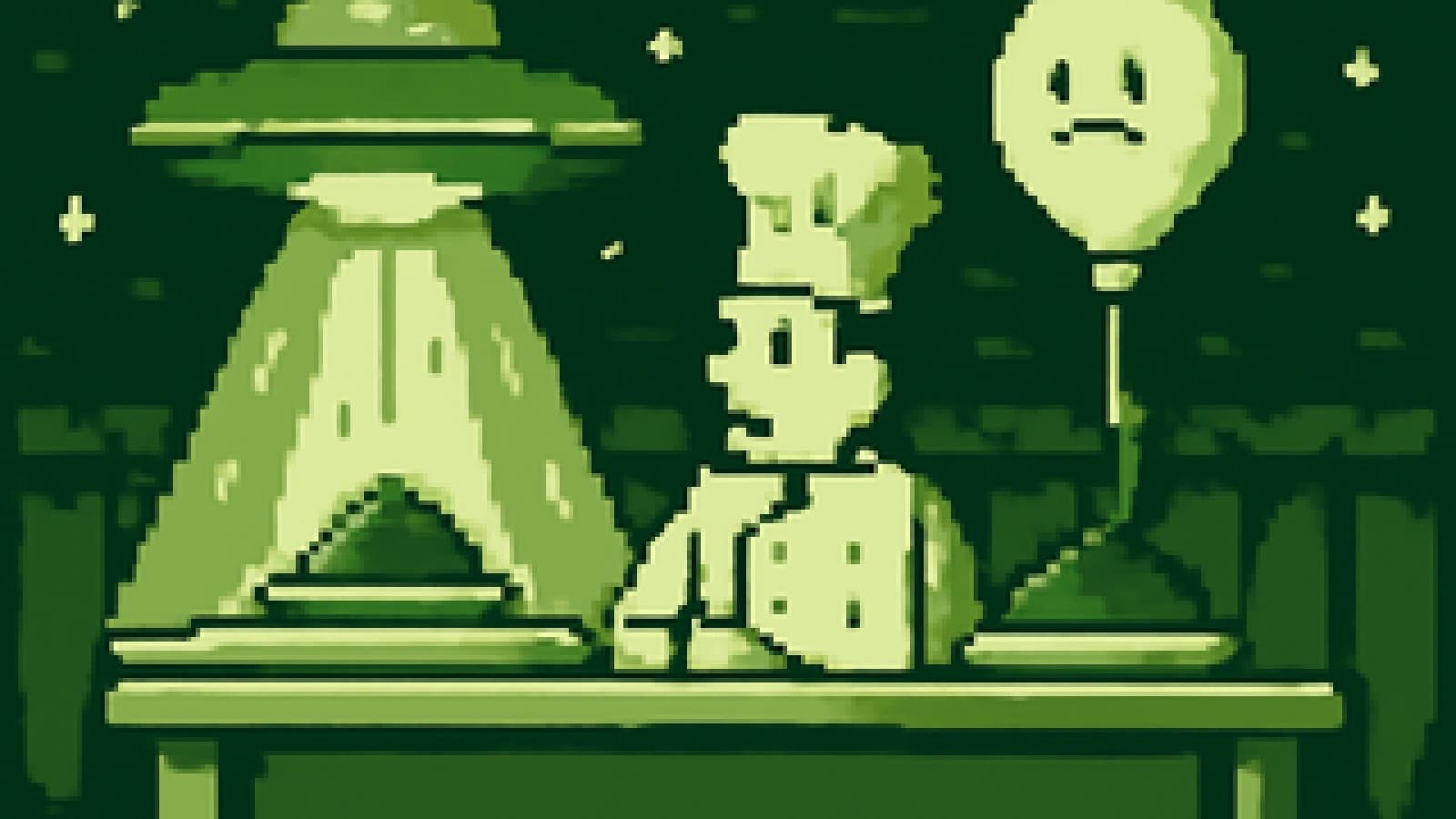 Pixel art of a chef judge between a flying saucer and a weather balloon over two judging tables.