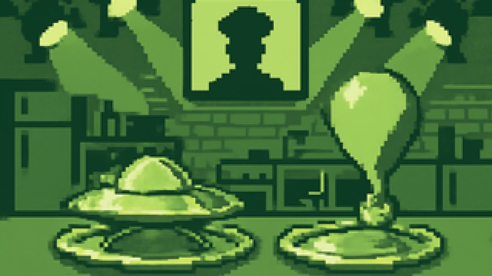 Pixel art of a flying saucer and a weather balloon served on platters at a cooking show judging table.