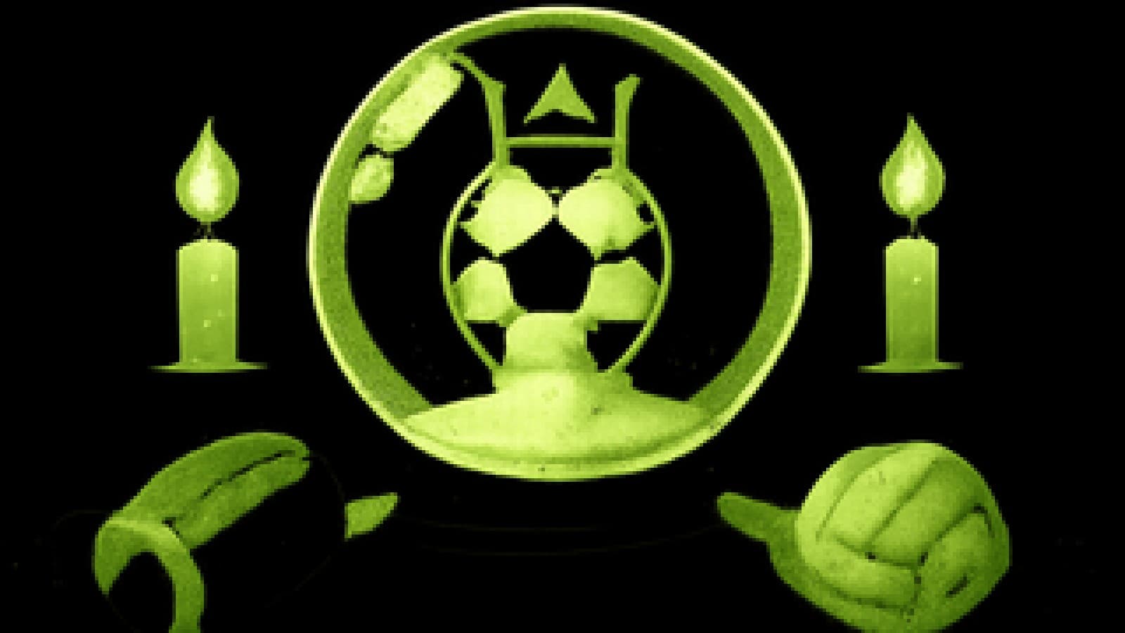 Crystal ball showing a crowned soccer ball, with sand spilling out and other sports balls in the candlelit background