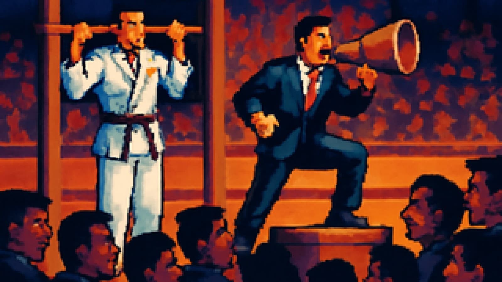 Pixel-art gym with a quiet fighter training while a flashy fighter shouts through a megaphone