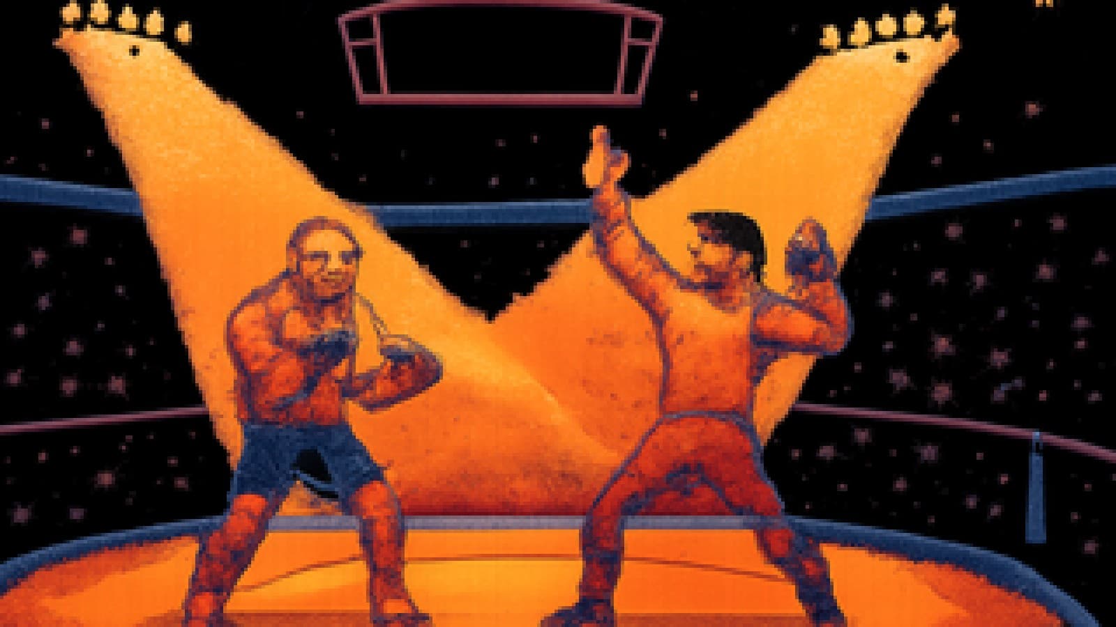Pixel-art UFC octagon with a spotlight split between a calm grappler and a showboating striker