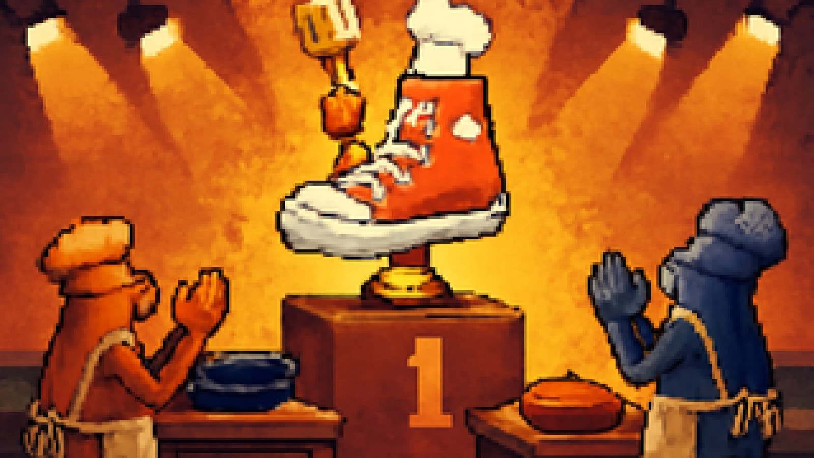 Pixel-art sneaker in a chef's hat on a winner's podium while other sneakers in aprons look on