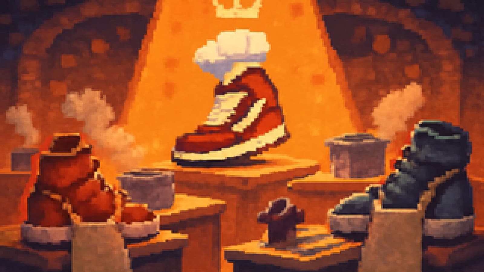 Pixel-art cooking competition with a sneaker crowned champion and rival sneakers in aprons behind it