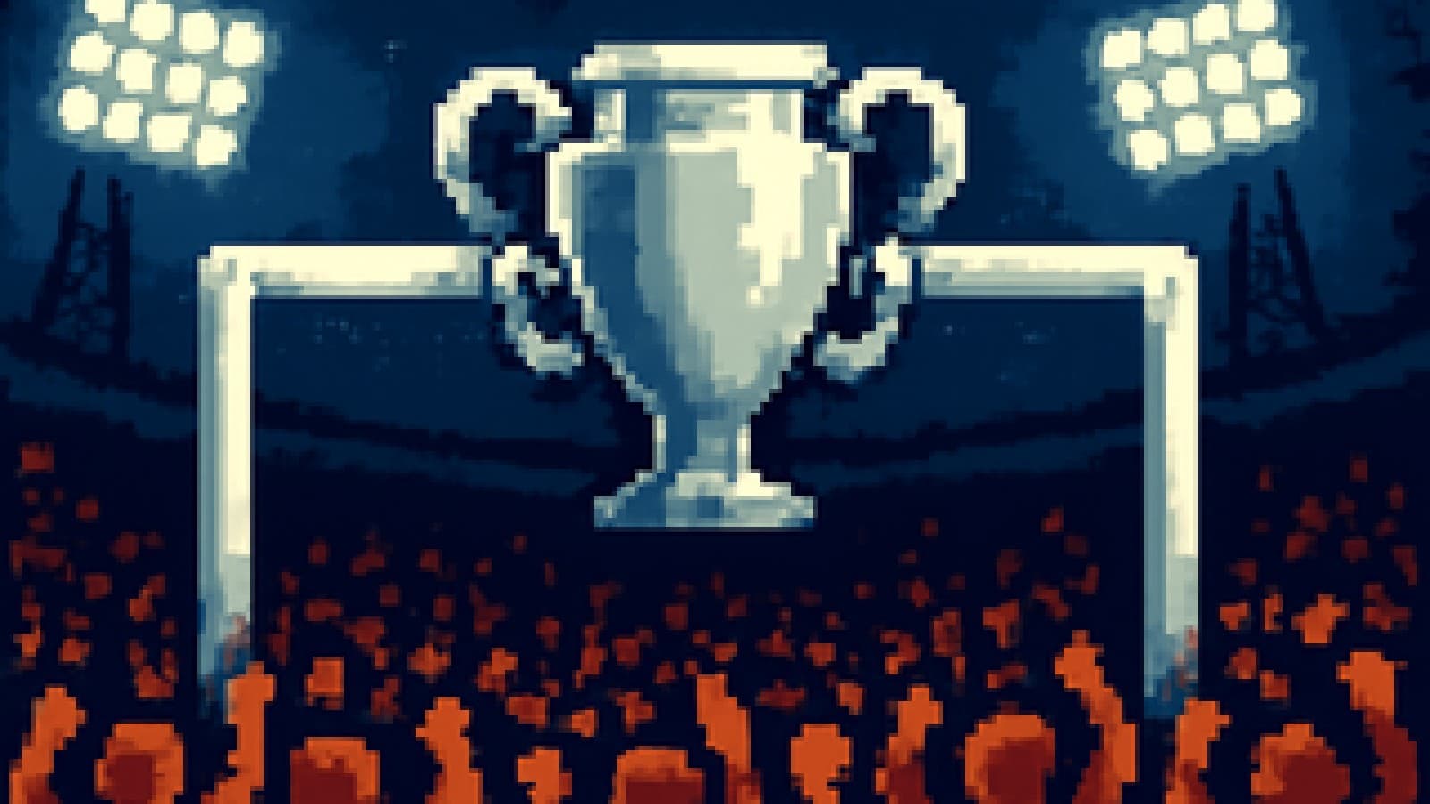 Pixel-art silver trophy doing pull-ups on a goal crossbar in a floodlit stadium full of cheering fans