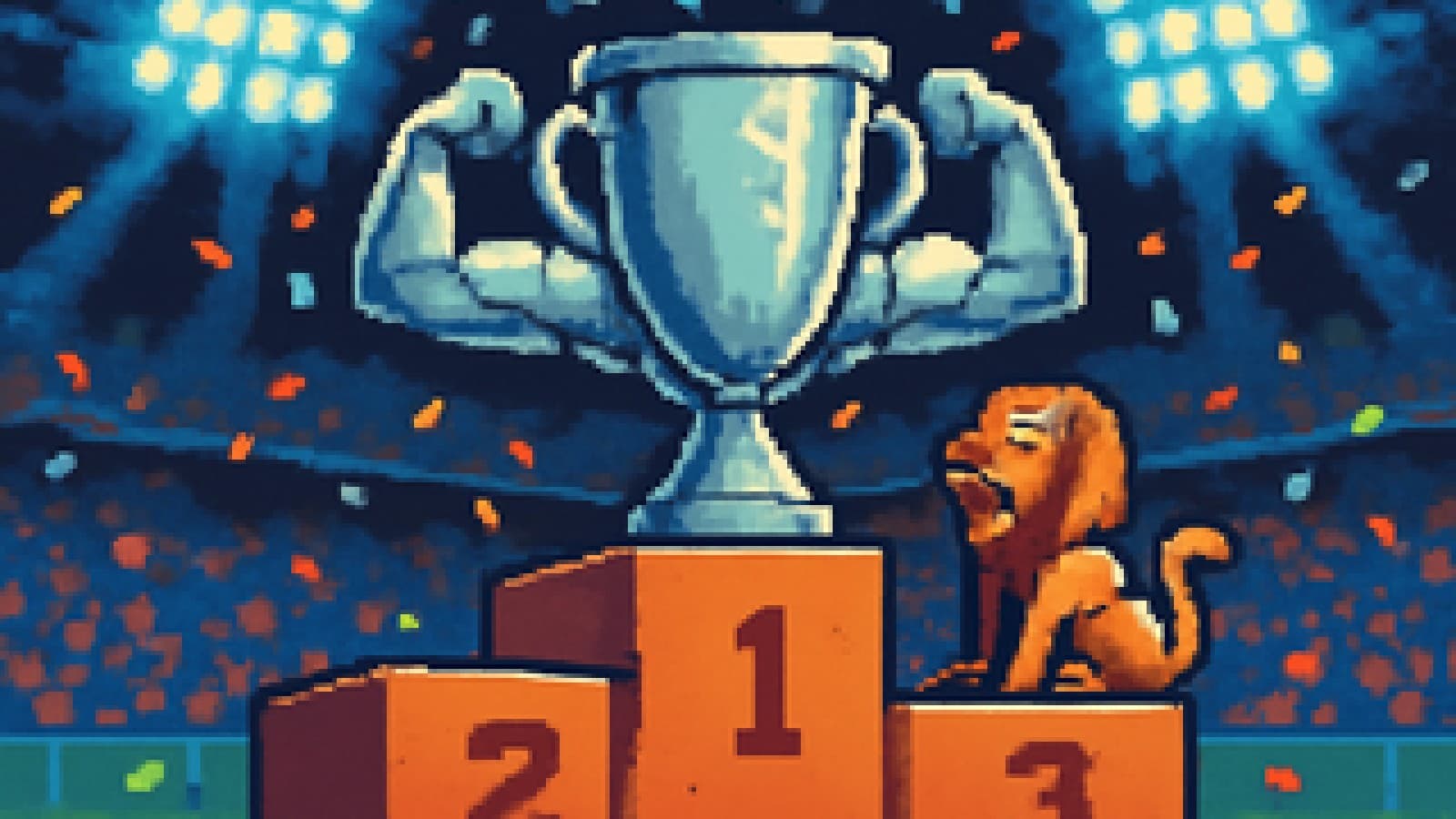 Pixel-art silver trophy flexing on a winner's podium in a stadium, with a runner-up trophy beside it
