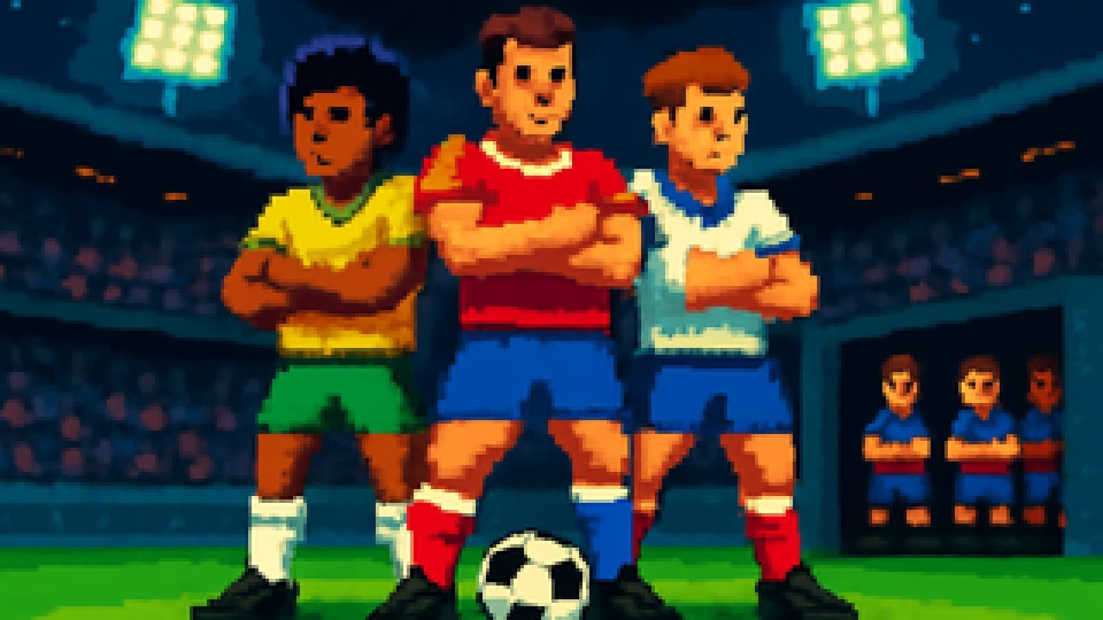 Pixel-art of three footballers in mismatched kits posing together while a matching trio watches from the tunnel
