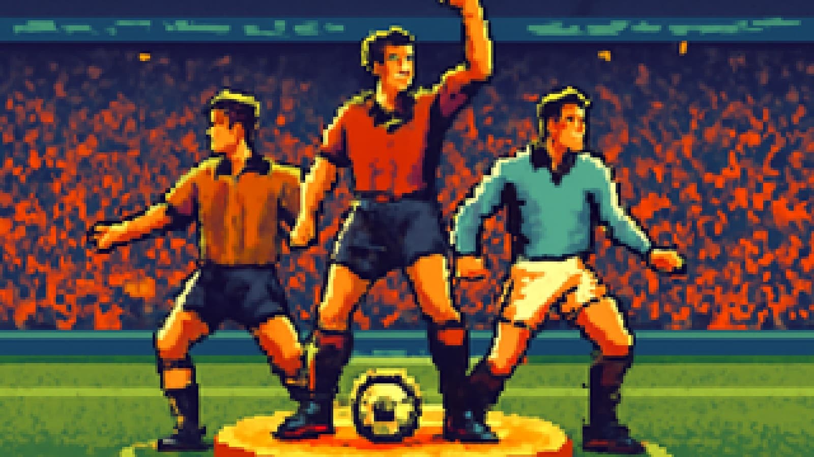 Pixel-art of three footballers in mismatched kits standing on a podium in the centre circle of a packed stadium